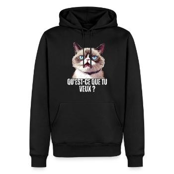 Humour chat qu'est ce que tu veux ? blague meme - Sweat à capuche Premium bio Homme - noir - Devant - Nico (187cm)