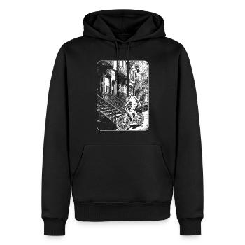 NYC Comic-Bild: unverwechselbares Design für Biker - Männer Premium Bio Hoodie - Schwarz - Vorne - Nico (187cm)