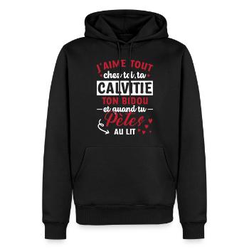 Cadeau Saint Valentin Homme Chauve Humour Péter - Sweat à capuche Premium bio Homme - noir - Devant - Nico (187cm)