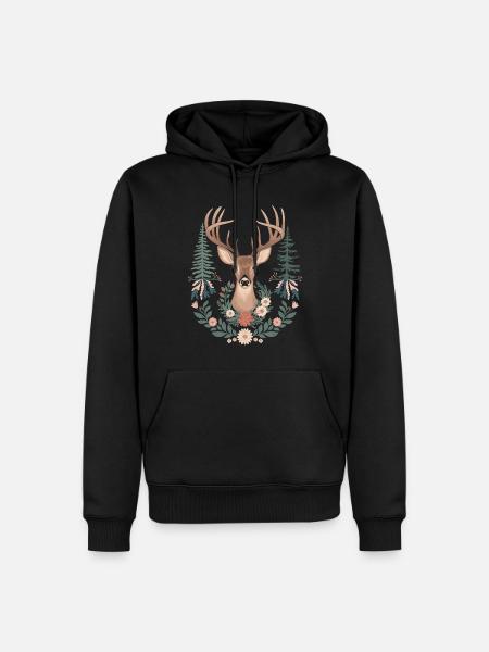 Cottagecore Eleganz mit Hirsch und Blumenkranz - Männer Premium Bio Hoodie - Schwarz
