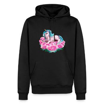 Licorne dans les roses - Sweat à capuche Premium bio Homme - noir - Devant - Nico (187cm)