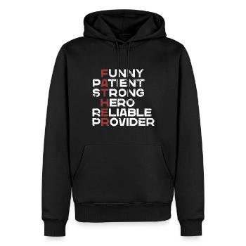 Father - Funny, Patient, Strong, Hero, Reliable - Men’s Premium Organic Hoodie - black - Front - Nico (187cm)