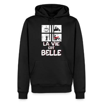 Biker, life is good - Men’s Premium Organic Hoodie - black - Front - Nico (187cm)