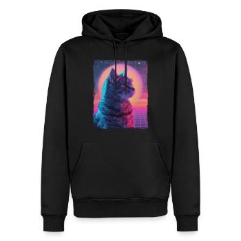 Funny Cute Retro Cat Animal 80s Neon Sun Fat Cat - Men’s Premium Organic Hoodie - black - Front - Nico (187cm)