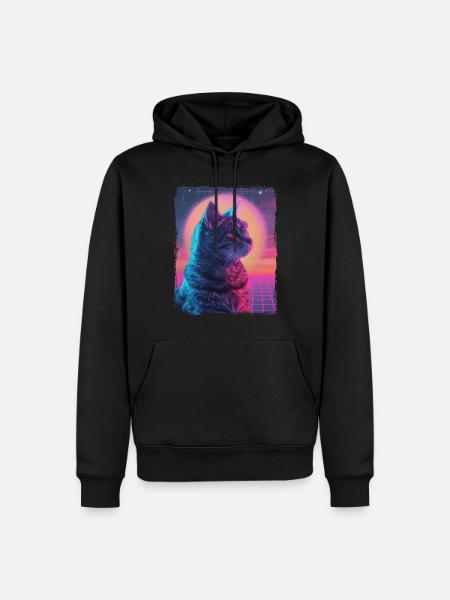 Funny Cute Retro Cat Animal 80s Neon Sun Fat Cat - Men’s Premium Organic Hoodie - black