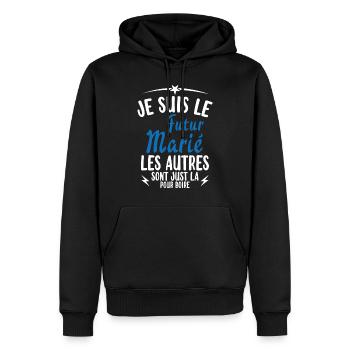 Cadeau de célibataire pour un futur marié - Sweat à capuche Premium bio Homme - noir - Devant - Nico (187cm)