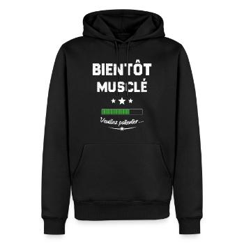 Homme bientôt musclé veuillez patienter - Sweat à capuche Premium bio Homme - noir - Devant - Nico (187cm)