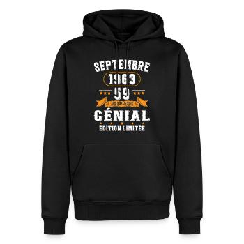 59 Ans Anniversaire Vintage Né(e) Septembre 1963 - Sweat à capuche Premium bio Homme - noir - Devant - Nico (187cm)