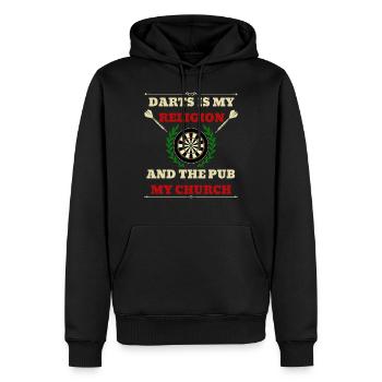 Darts ist meine Religion und die Kneipe mein Kirchen-T-Shirt - Männer Premium Bio Hoodie - Schwarz - Vorne - Nico (187cm)