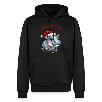 Moo Deng mit Weihnachtsmütze und Skateboard - Männer Premium Bio Hoodie - Schwarz - Vorne - Nico (187cm)