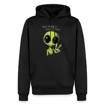 Just Visiting Don't Worry - Lustiges Alien Design - Männer Premium Bio Hoodie - Schwarz - Vorne - Nico (187cm)