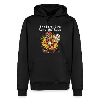 The Early Bird Runs the Race - Lustiger Hahn - Männer Premium Bio Hoodie - Schwarz - Vorne - Nico (187cm)