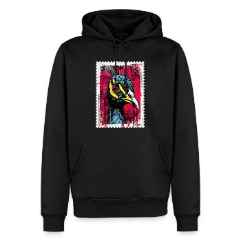 Pfau mit pinkem Blick im Streetart-Look - Männer Premium Bio Hoodie - Schwarz - Vorne - Nico (187cm)