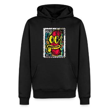Freche Comic-Wurst mit Zunge auf Briefmarke - Männer Premium Bio Hoodie - Schwarz - Vorne - Nico (187cm)