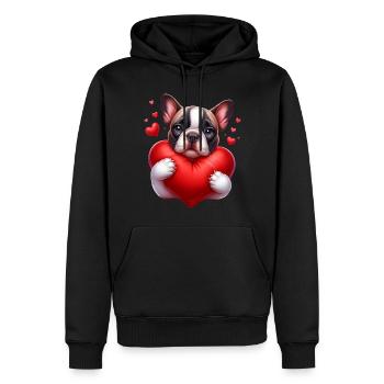 Mignon Frenchie étreignant un oreiller en forme de cœur - Sweat à capuche Premium bio Homme - noir - Devant - Nico (187cm)