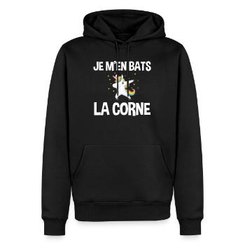 Je m'en bats la corne humour licorne - Sweat à capuche Premium bio Homme - noir - Devant - Nico (187cm)
