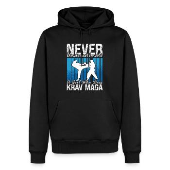 Krav Maga Never Underestimate A Black Belt Fighter - Männer Premium Bio Hoodie - Schwarz - Vorne - Nico (187cm)