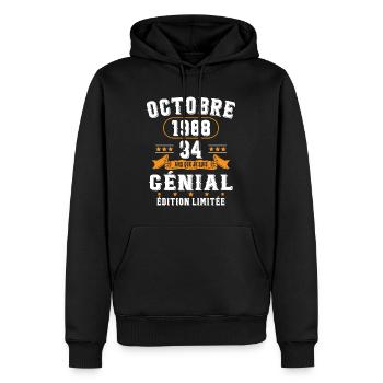34 Ans Anniversaire Vintage Né(e) en Octobre 1988 - Sweat à capuche Premium bio Homme - noir - Devant - Nico (187cm)