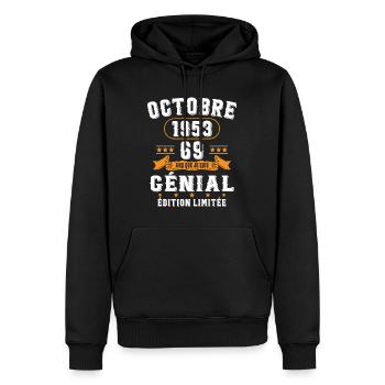 69 Ans Anniversaire Vintage Né(e) en Octobre 1953 - Sweat à capuche Premium bio Homme - noir - Devant - Nico (187cm)