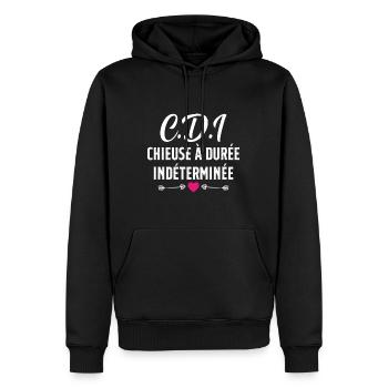CDI Chieuse à durée indéterminée cadeau humour - Sweat à capuche Premium bio Homme - noir - Devant - Nico (187cm)