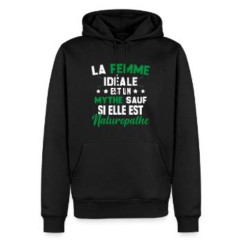 La femme idéale est un mythe sauf naturopathe - Sweat à capuche Premium bio Homme - noir - Devant - Nico (187cm)