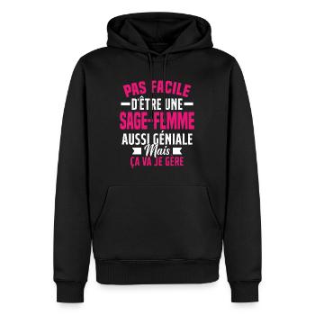 sage-femme et géniale mais ça va je gère - Sweat à capuche Premium bio Homme - noir - Devant - Nico (187cm)