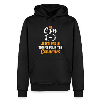 T-shirt Muscu / Bodybuilding - Au Gym - Sweat à capuche Premium bio Homme - noir - Devant - Nico (187cm)