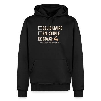 Célibataire En Couple Coach Sportif Humour - Sweat à capuche Premium bio Homme - noir - Devant - Nico (187cm)