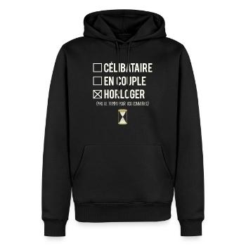 Célibataire En Couple Blague Horloger Humour - Sweat à capuche Premium bio Homme - noir - Devant - Nico (187cm)