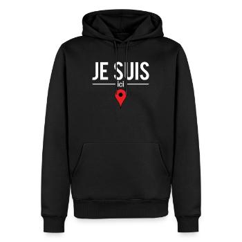 Je Suis Ici Blague Localisation Humour - Sweat à capuche Premium bio Homme - noir - Devant - Nico (187cm)