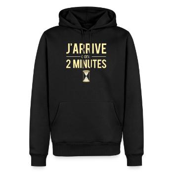 J'arrive dans 2 minutes retardataire retard humour - Sweat à capuche Premium bio Homme - noir - Devant - Nico (187cm)