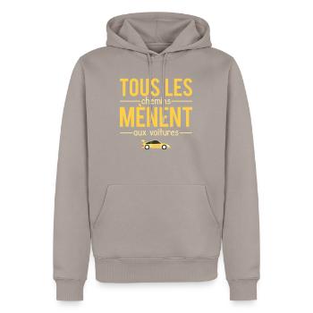 Tous les chemins mènent aux voitures garagiste - Sweat à capuche Premium bio Homme - taupe - Devant - Nico (187cm)