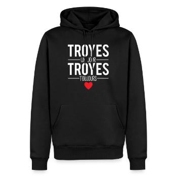 Troyes un jour troyes toujours troyens humour - Sweat à capuche Premium bio Homme - noir - Devant - Nico (187cm)