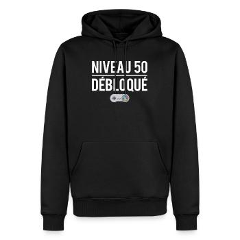 Niveau 50 débloqué cadeau anniversaire 50 ans - Sweat à capuche Premium bio Homme - noir - Devant - Nico (187cm)