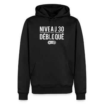 Niveau 30 débloqué cadeau anniversaire 30 ans - Sweat à capuche Premium bio Homme - noir - Devant - Nico (187cm)