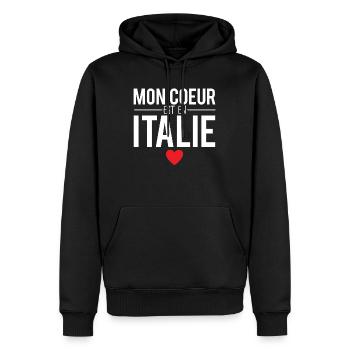 Mon coeur est en italie pays humour - Sweat à capuche Premium bio Homme - noir - Devant - Nico (187cm)