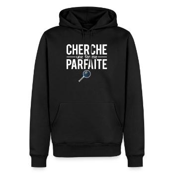 Cherche une femme parfaite blague couple - Sweat à capuche Premium bio Homme - noir - Devant - Nico (187cm)