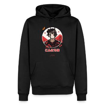 こんにちは Konnichiwa Hallo Japan - Männer Premium Bio Hoodie - Schwarz - Vorne - Nico (187cm)
