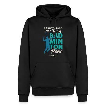 Joueur de badminton Une histoire courte aime les sports de raquette - Sweat à capuche Premium bio Homme - noir - Devant - Nico (187cm)