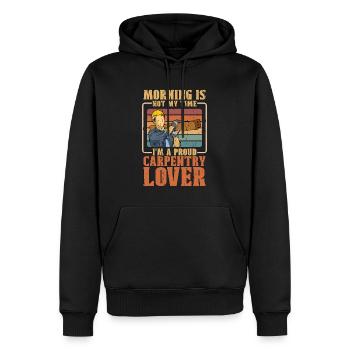 Menuiserie amateur Le matin n’est pas mon heure de menuiserie - Sweat à capuche Premium bio Homme - noir - Devant - Nico (187cm)
