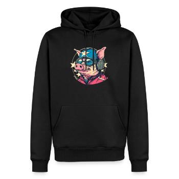 Cochon de dessin animé pilote cool et résistant - Sweat à capuche Premium bio Homme - noir - Devant - Nico (187cm)