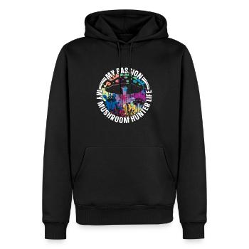 Chasseur de champignons Ma passion Ma cueillette de champignons - Sweat à capuche Premium bio Homme - noir - Devant - Nico (187cm)