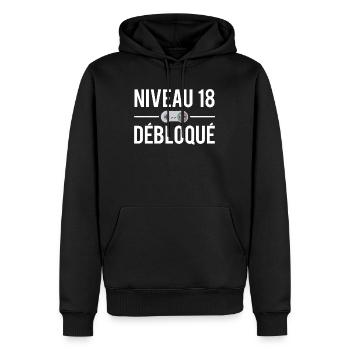 Niveau 18 débloqué anniversaire 18 ans majeur - Sweat à capuche Premium bio Homme - noir - Devant - Nico (187cm)