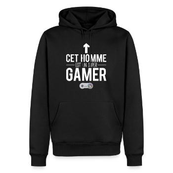 Cet homme est un super gamer manette geek humour - Sweat à capuche Premium bio Homme - noir - Devant - Nico (187cm)