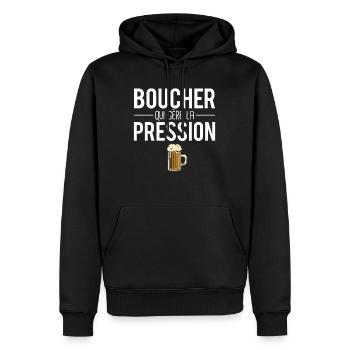 Boucher qui gère la pression métier bière humour - Sweat à capuche Premium bio Homme - noir - Devant - Nico (187cm)