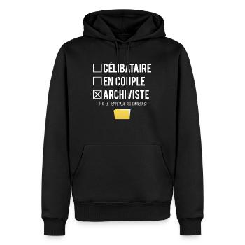 Célibataire en couple archiviste humour métier - Sweat à capuche Premium bio Homme - noir - Devant - Nico (187cm)