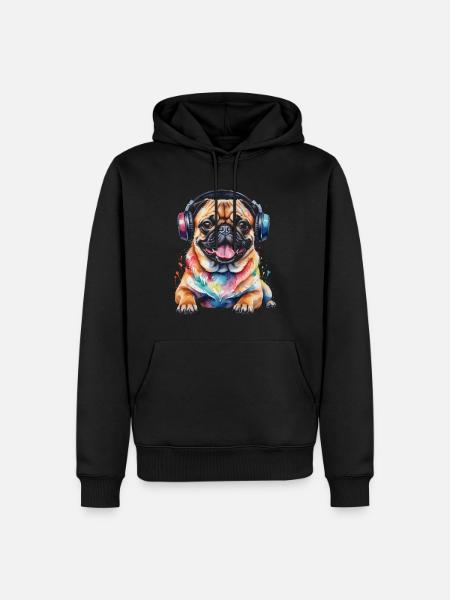 Mops Kopfhörer Hund Bunt Lustig Tier Design Print - Männer Premium Bio Hoodie - Schwarz