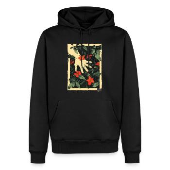 Propaganda-Style: Hand an den Pflanzen im Paradies - Männer Premium Bio Hoodie - Schwarz - Vorne - Nico (187cm)