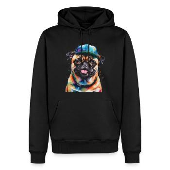 Mops Snapback Cap Hund Bunt Lustig Design Print - Männer Premium Bio Hoodie - Schwarz - Vorne - Nico (187cm)