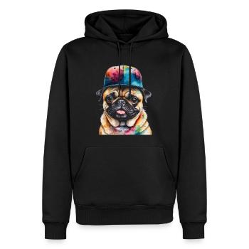 Mops Snapback Cap Hund Bunt Lustig Design Print - Männer Premium Bio Hoodie - Schwarz - Vorne - Nico (187cm)